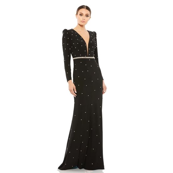 Mac Duggal Dresses & Skirts - MAC DUGGAL BELTED JEWEL ENCRUSTED PLUNGE NECK LONG SLEEVE GOWN